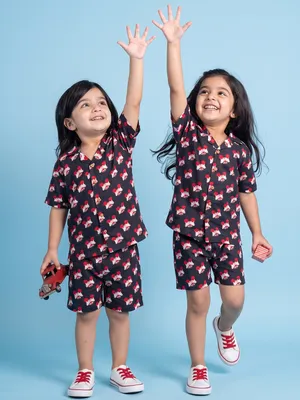 Kids Black Mickey Mouse Print Cotton Nightsuit Shorts Co-ord Set for Boys and Girls