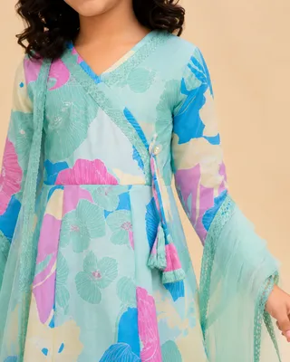 Girls Aqua Floral Printed Kurta Sharara Set With Dupatta
