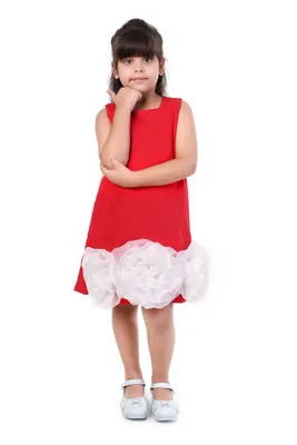 Girls Red Crepe 3D Rosette Hem Birthday Party Dress