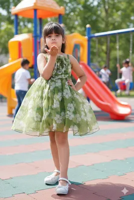 Girls Green Organza Floral Print Party Frock Dress