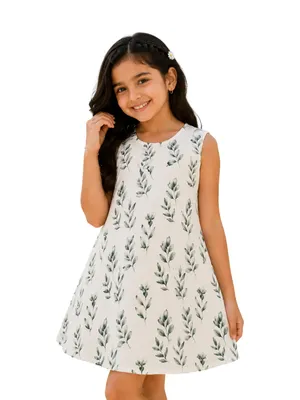 Girls Cotton A-Line Dress | Sleeveless Green Leaf Print Kids Dress | Soft Breathable Casual Summer Dress | Lightweight Floral Frock for Girls | Everyday Wear