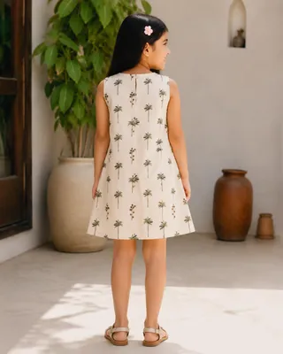Girls Cotton Sleeveless A-Line Dress with Palm Tree Print | Soft Casual Summer Dress for Kids | Lightweight Breathable Beach and Everyday Wear | Cream White