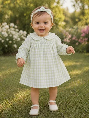 Pastel Gingham Baby Frock With Headband Green