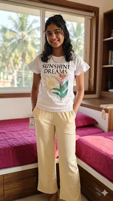 White Sunshine Dreams Graphic Tshirt and Yellow Pant Set for Girls