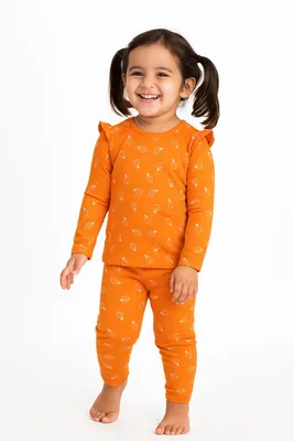Orange Printed Full Sleeve Night Suit Set for Girls