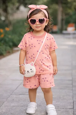 Shorts And Tee Set Pink Hearts