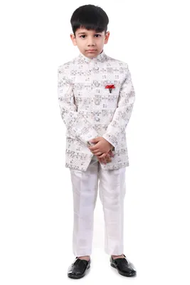 Boys White Embroidered Jodhpuri Bandhgala Suit 3 Pc