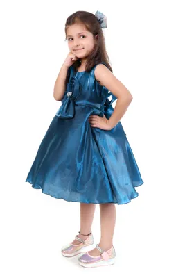 Girls Teal Shimmer Rhinestone Bow Birthday Party Dress