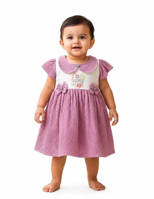 Baby Girls A-Line Dress with Peter Pan Collar & Bow Detail | Soft Textured Casual Frock for Infants and Toddlers