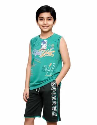 Boys Graphic Printed Sleeveless T-Shirt and Cotton Blend Shorts Clothing Set | Soft & Breathable Summer Co-Ord Outfit | Casual Sportswear Dress Set for Kids