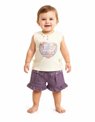 Baby Girls Sleeveless Graphic Top & Ruffle Pocket Shorts Co-Ord Set | Soft Cotton Blend Casual Outfit for Toddlers & Kids