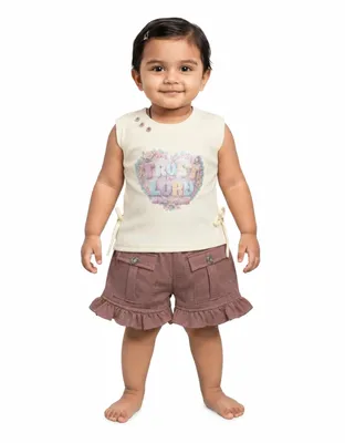 Baby Girls Sleeveless Graphic Top & Ruffle Pocket Shorts Co-Ord Set | Soft Cotton Blend Casual Outfit for Toddlers & Kids