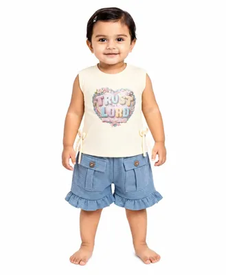 Baby Girls Sleeveless Graphic Top & Ruffle Pocket Shorts Co-Ord Set | Soft Cotton Blend Casual Outfit for Toddlers & Kids