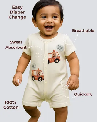 Mess-Proof Natural Cotton Unisex Rompers for Babies — Fire Truck