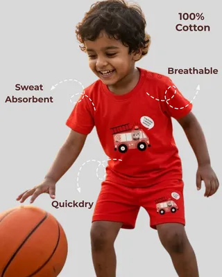 Soft & Comfortable Natural Cotton Unisex Baby & Kids Co-Ord Set — Fire Truck