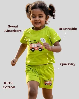 Soft & Comfortable Natural Cotton Unisex Baby & Kids Co-Ord Set — Fire Truck