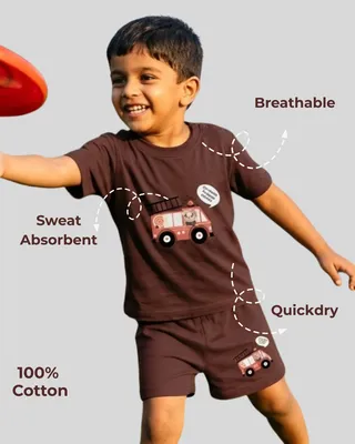 Soft & Comfortable Natural Cotton Unisex Baby & Kids Co-Ord Set — Fire Truck