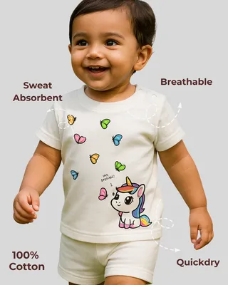 Spill-Proof Natural Cotton Unisex Baby & Kids Co-Ord Set — Happy Unicorn