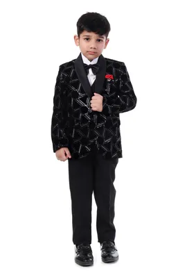 Boys Black Velvet Embroidered Tuxedo Suit 5 Piece