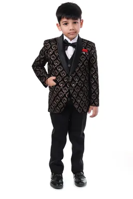Boys Black Gold Embroidered Velvet Tuxedo 5 Piece