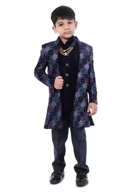 Boys Navy Blue Velvet Sherwani Party Wedding 4 Piece