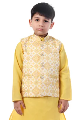 Boys Yellow Printed Kurta Koty Nehru Jacket 3 Piece