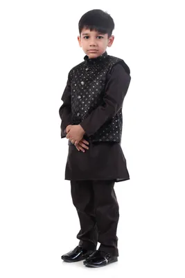 Boys Black Jacquard Kurta Koty Nehru Jacket 3 Piece