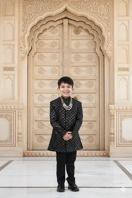 Boys Black Velvet Embroidered Sherwani Party 3 Piece