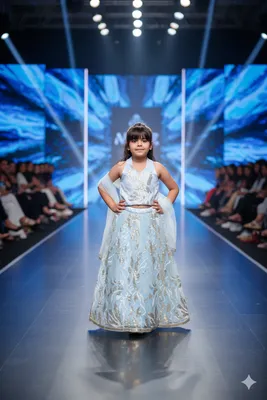 Girls Blue Gold Embroidered Lehenga Choli Set 3 Piece