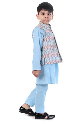 Boys Blue Chevron Kurta Koty Nehru Jacket 3 Piece