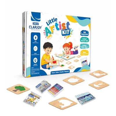 Clapjoy Wooden Stencil Art & Craft Kit for Kids (20 Pieces) | DIY Drawing & Coloring Set with Crayons, Watercolor Pens & Pencil Colors | Art Gift for Boys & Girls Ages 3+