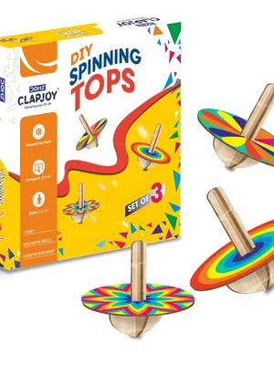 Clapjoy DIY Spinning Tops - Set of 3 Wooden Tops for Kids to Assemble, Paint, and Play for Kids of Ages of 3+ Years