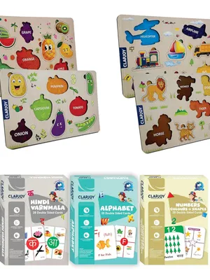 Clapjoy Wooden Learning Educational Board and Alphabet, Hindi Varnamala and Numbers Flash Card Combo 