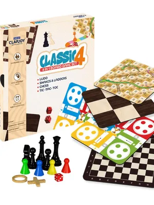 Clapjoy Wooden 4 in 1 Board Game for Kids & Adults| Ludo & Chess |Snake Ladder & Tic Tac Toe|