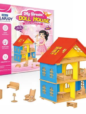 Clapjoy Big DIY Wooden Toy House Gift Kit with Miniature Furniture & Paint Set - Easy Assembly Doll House for Kids, Boys Girls