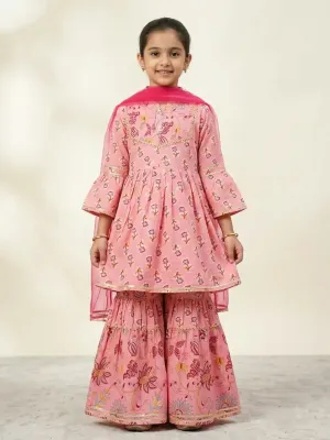 Girls Cotton High Neck Floral Printed Kurti Sharara Set with Dupatta