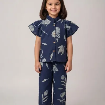 Girls Printed Co-Ord Set with Flutter Sleeves & Button-Down Top