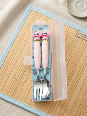 2Pc Cartoon Character Stainless Steel Spoon & Fork Set with Storage Case