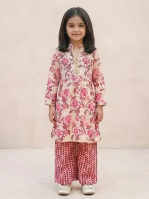 Girls Floral Printed Cotton Kurti Palazzo Set