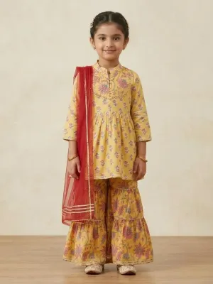 Girls Cotton High Neck Floral Printed Kurti Sharara Set with Dupatta