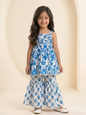 Girls Sleeveless Floral Printed Cotton Kurti Sharara Set