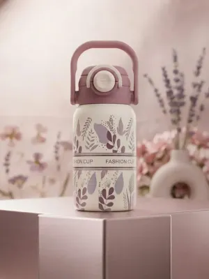 Floral Print Stainless Steel Vacuum Insulated Water Bottle with Handle & Leakproof Lid