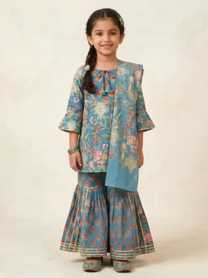 Girls Cotton Floral Printed Kurti Sharara Dupatta Set