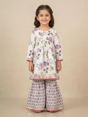 Girls Floral Printed Cotton Kurti Sharara Set