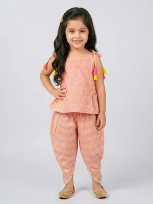 Girls Pink Peplum Top with Straps & Dhoti Bottom Set