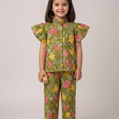 Girls Printed Co-Ord Set with Flutter Sleeves & Button-Down Top