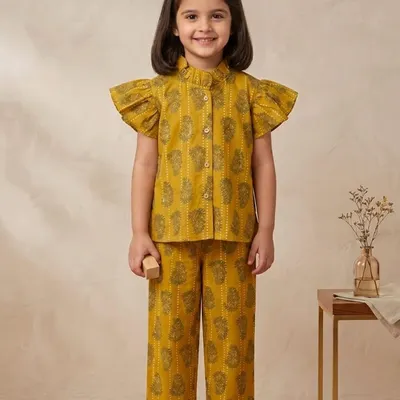 Girls Printed Co-Ord Set with Flutter Sleeves & Button-Down Top