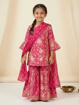 Girls Cotton Floral Printed Kurti Sharara Dupatta Set