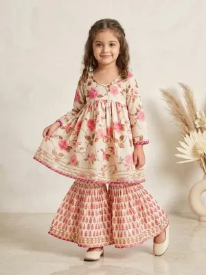 Girls Floral Printed Cotton Kurti Sharara Set