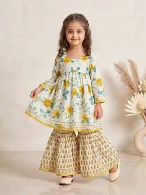 Girls Floral Printed Cotton Kurti Sharara Set